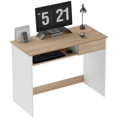 Image of HOMCOM 100cm Compact Computer Desk with Keyboard Tray, Home Office Drawer for Bedroom Study, Oak