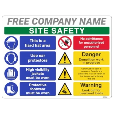 Image of 600x450mm Multi Hazard Site Safety Notice 8 Points 2 Column Construction Sign with FREE Company Name