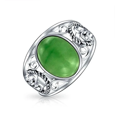 Image of Boho Bali Oval Cabochon Dyed Green Jade Rope Scroll Filigree Statement Band Ring For Women .925 Sterling Silver August Birthstone