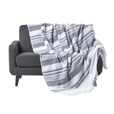 Image of HOMESCAPES Grey Charcoal Throw “Morocco Cotton Textured Stripe 150 x 200 cm Bedspread Sofa Handmade Suitable for Armchairs and 2 Seater Sofas or Single Double Beds Machine Washable