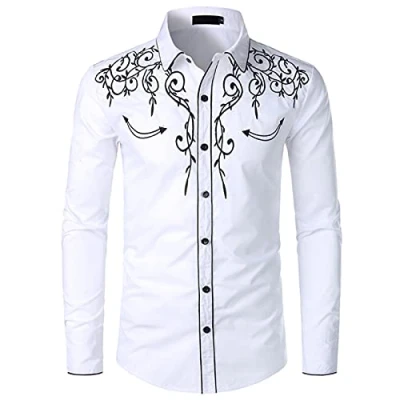 Image of NW Mens Stylish Western Cowboy Shirt Embroidered Slim Fit Casual Long Sleeve Shirts Wedding Party White