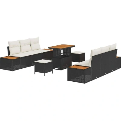 Image of vidaXL 9 Piece Garden Sofa Set with Cushions Black Poly Rattan Acacia
