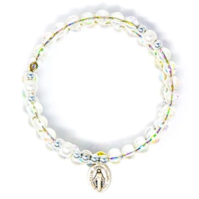 Image of Catholic Gift Shop Crystal Memory Wire Rosary Bracelet, Miraculous Medal Pendant, Wrap Around Bracelet &amp; Lourdes Prayer Card