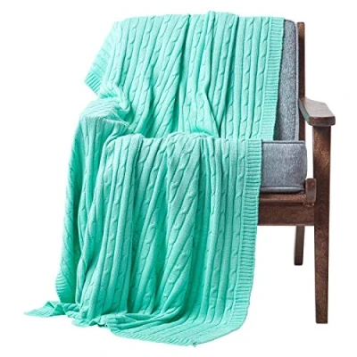 Image of HOMESCAPES Pastel Green Cable Knit Throw 130 x 170 cm Combed Cotton Soft and Cosy Blanket Bed Sofa For Armchairs Single Beds