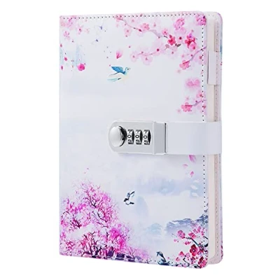 Image of NectaRoy Lock Journal Lockable Diary, PU Leather Cover Writing Notebook with Combination Lock, Travel Girl&#039;s Diary Pen Holder, Size 210x150mm