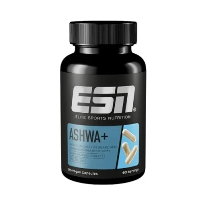 Image of ESN Ashwa+, 120 Vegan Capsules 600 mg Ashwaganda Root Extract per Serving 60 Servings, 2 Months Supply Ashwagandha KSM 66 Non GMO, Made in Germany, Laboratory Tested