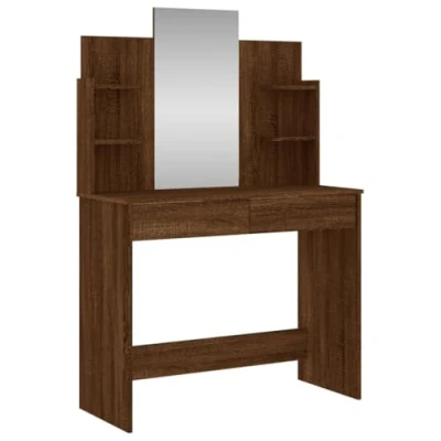 Image of vidaXL Brown Oak Makeup Vanity Desk Space Saving Dressing Table with Mirror, Engineered Wood Material, 2 Drawers and 4 Shelves