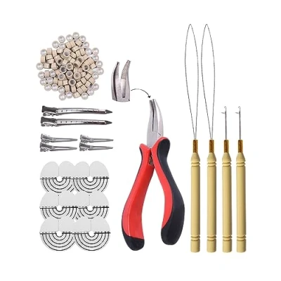 Image of Hair Extensions Tools Kit: I Tip Pliers, Pulling Needle, Loop Threader and 200 Pieces 5.0mm Silicone Extension Rings Beads Links (Gray Blonde)