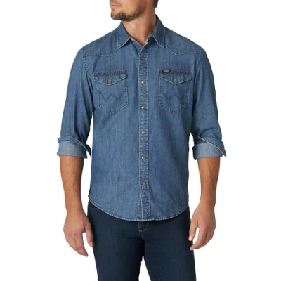 Image of Wrangler Men&#039;s Iconic Regular Fit Snap Shirt Button, Mid Tint Denim, S