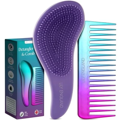 Image of Detangle Hair Brush and Wide Tooth Comb Set Easy to Hold Detangler Hairbrush Detangling for Women Kids Wet or Dry, Fine, Curly, Thick, Afro by Lily England (Ombre)