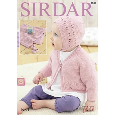 Image of Sirdar 4849 Knitting Pattern Baby Cardigan Bonnet Shoes and Blanket in No. 1 DK