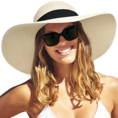 Image of FURTALK Womens Sun Straw Wide Brim UPF 50 Summer Foldable Roll up Floppy Beach Hat for Women