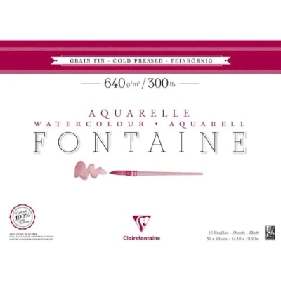 Image of Clairefontaine Ref 96359C Fontaine Cold Pressed Watercolour Glued Pad (10 Sheets) 36 x 48cm Size, 640gsm Paper Suitable for Artwork