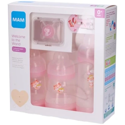 Image of MAM Welcome to The World Gift Set with 3 Anti Colic Bottles, Dummy, Dummy Clip, Pink