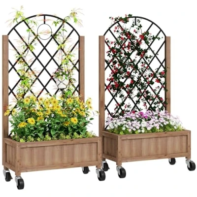 Image of Outsunny Raised Garden Bed with Metal Trellis, Pack of 2 Wooden Elevated Planter Box Wheels and Drainage Holes, Outdoor for Climbing Plants, Fruits, Vegetables, Flowers, Brown