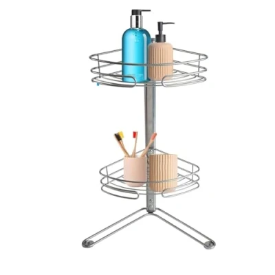 Image of 2 Tier Non Rust Chrome Corner Contemporary Design Modern Finish Free Standing Bath Shelf Convenient Storage Shower Caddy Bathroom Organiser Rack