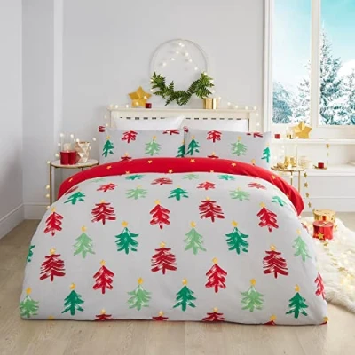 Image of Fusion Christmas Festive Trees 100% Brushed Cotton Duvet Cover Set King Bed Size in Grey, FTTGY31PIU, Grey