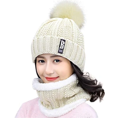 Image of HIDARLING Women Winter Hat Pom Ski Bobble Cap Knitted Beanie with Fleece Liner (Beige)