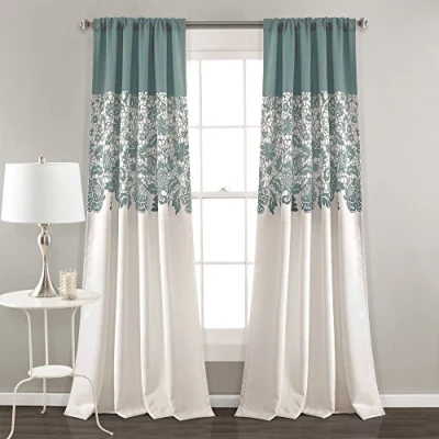 Image of Lush DÉCOR Estate Garden Print Curtains Room Darkening Window Panel Set for Living, Dining, Bedroom (Pair), 84 in x 52 in, Blue