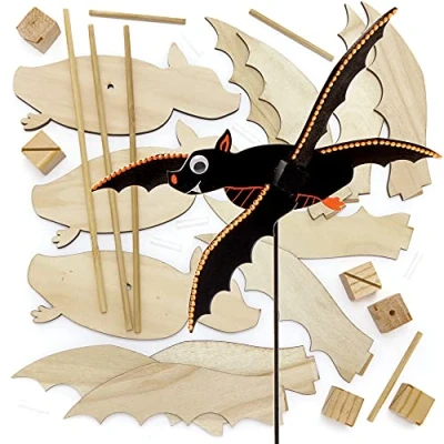 Image of Baker Ross FE667 Bat Wooden Windmill Kits Pack of 3, Windmills for Garden, Make Your Own Wind Spinner, Crafts Children to Make, Decorate and Display
