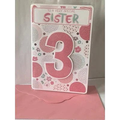 Image of To Very Special Sister 3 Birthday Card Age 3rd Three White/Pink/Green Spots 3D/Glitter/Foil Detail(PRELUDE44292)