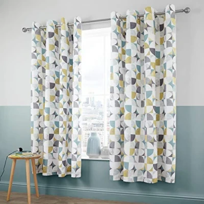 Image of Catherine Lansfield Retro Circles 66x72 Inch Lined Eyelet Curtains Two Panels Green Ochre Yellow