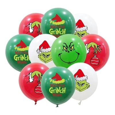 Image of 20pcs Furry Green Christmas Balloons, 12 Inch Grinch Latex Balloons for Party Decorations, Red White New Year Birthday Decor Supplies