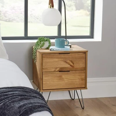 Image of Home Source Acadia Bedside Cabinet Nightstand Industrial Wooden End Side Table Storage, 2 Drawer, Pine