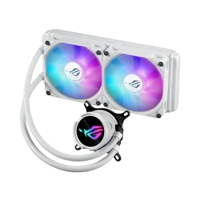 Image of ASUS ROG Strix LC III 240 ARGB WHT all in one CPU liquid cooler with 360 rotatable water block, 7th gen V2 Asetek pump, Premium fans, and 10+ custom Aura lighting effects.