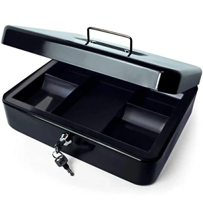 Image of iGadgitz Home U7171 Petty Cash Box with Keys and Coin Tray, Tin, Money Tin Black 12&quot; (30cm)