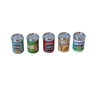 Image of Melody Jane Dolls House 5 Food Cans Mixed Grocery Tins Miniature Shop Kitchen Accessory 1:12