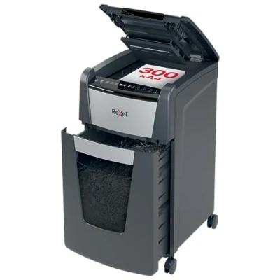 Image of Rexel Optimum Auto Feed+ 300 Sheet Automatic Micro Cut Paper Shredder, P 5 Security, Small Office Use, 60 Litre Removable Bin, Castor Wheels, 2020300M