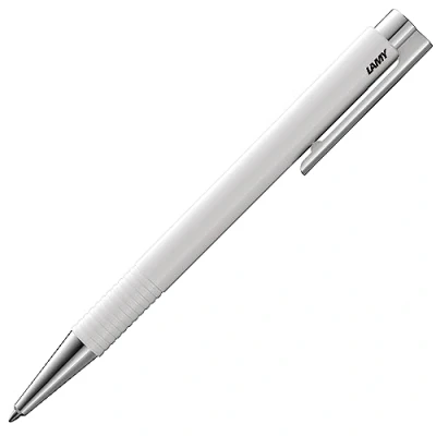 Image of Lamy Logo M+ Ballpoint Pen 204 Made of Unbreakable Plastic in White with Chrome Plated Tip and Pusher Includes Large Refill M 16 Line Width Blue