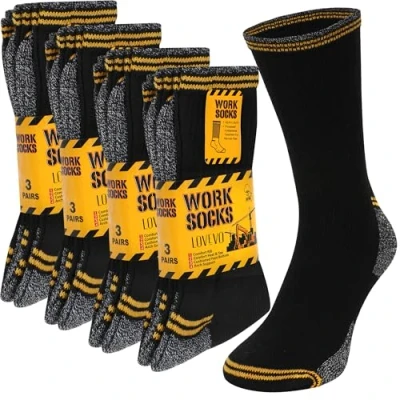 Image of LOVEVO Work Socks for Men Heavy Duty Performance Cushioned Reinforced Heel Toe Crew Calf Sports Hiking Cotton Rich Socks, 9 11 (ALRTS BGY, 12 Pair)