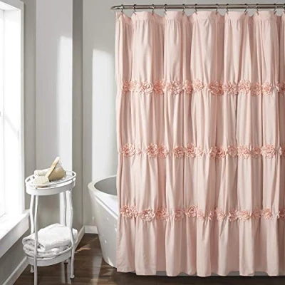Image of Lush Decor Darla Ruched Floral Bathroom Shower Curtain, 72 x 72, Blush