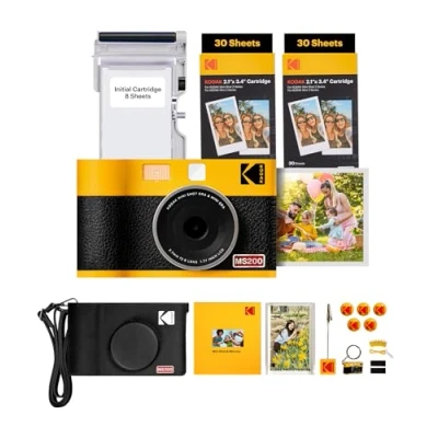 Image of KODAK Mini Shot 2 ERA 4PASS in 1 Instant Camera and Photo Printer (2.1x3.4 inches), Initial 8 Sheets + 60 Pack, Accessory Bundle, Yellow