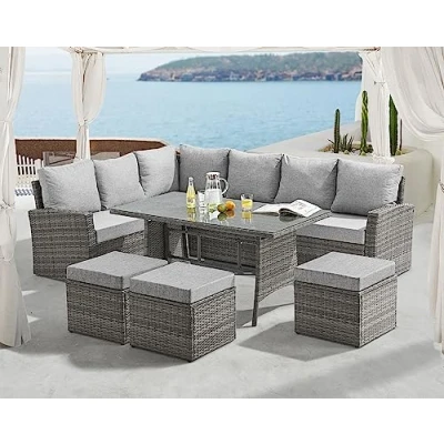 Image of EVRE 9 Seat Marilyn Corner Sofa &amp; Dining Rattan Garden Furniture Set for Indoor Outdoor Patios Gardens Conservatories (Grey)