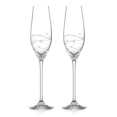 Image of DIAMANTE Swarovski Champagne Flutes Prosecco Glasses Pair with ‘Spiral’ Hand Cut Design Embellished Crystals