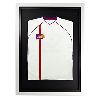 Image of Vivarti DIY Junior Standard Sports Shirt Display Frame for Football Shirt, Rugby Band T Shadow Box 50 x 70cm White Frame, Black Inner Backing Card