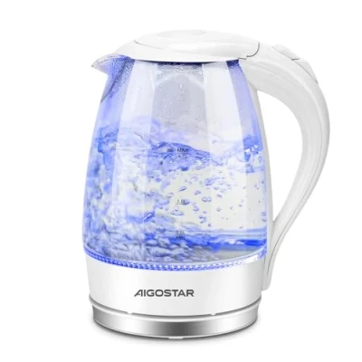 Image of Aigostar Eve 30KHT Glass Water Kettle with LED Lighting, 2200 Watts, 1.7 Liter, Boil dry Protection, BPA Free, White