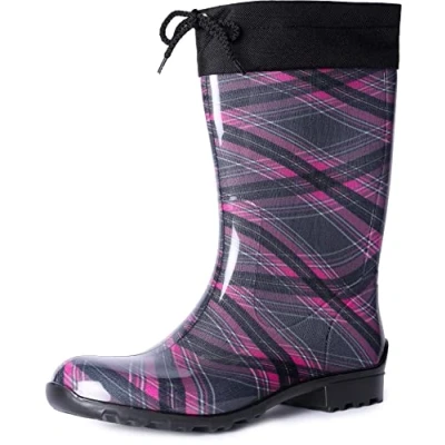 Image of Ladeheid Girl&#039;s Rubber Wellington Boots with Calf LA 968 (Purple/Checked, 3.5 UK)