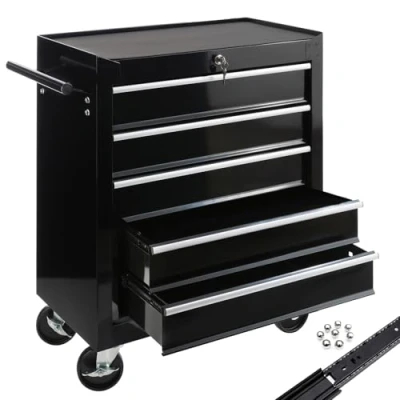 Image of Arebos Workshop trolley 5 compartments centrally lockable incl. anti slip mats drawers with ball bearings 2 castors parking brake (black)