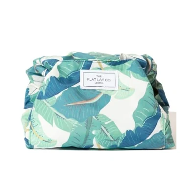 Image of The Flat Lay Co. Makeup Bag Tropical Leaves Travel Make Up Organiser for Cosmetics, Eyeshadow, Brushes, Lipstick &amp; Tools Drawstring Storage with Brush Holder Large Pockets