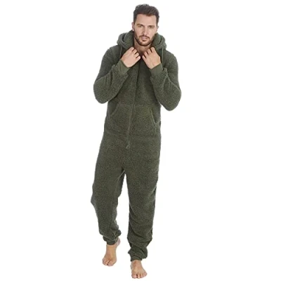 Image of Evotex Trading Mens All in One Borg Fleece Onesie Jumpsuit Pyjamas with Hood Olive Size M/L