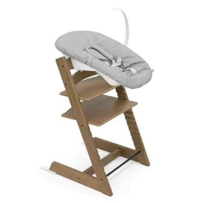 Image of Stokke Tripp Trapp Chair (Oak Brown) with Newborn Set (Grey) Cosy, Safe &amp; Simple to Use for Newborns Up 20 lbs