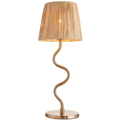 Image of Wriggle Table Lamp with Round Tapered Shade Brushed Aged Brass Plate, Natural Raffia, 1x E14