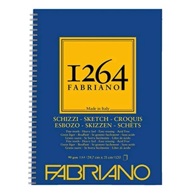 Image of Honsell Fabriano Schizzi 19100635 Sketch Pad 1264 with Longitudinal Spiral, 90 g/m², DIN A4, 120 Sheets Ivory White, Acid Lightly Grained for All Drying Techniques