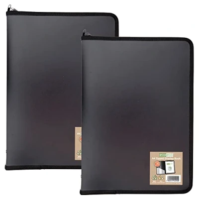 Image of eco A4 50% Recycled 30 Pocket Black Zipped Presentation Display Book, File Folder, Artwork Portfolio with Plastic Sleeves, (Pack of 2) eco090x2