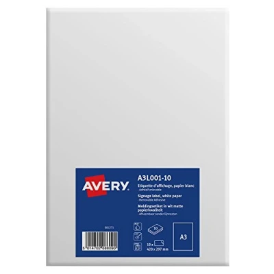 Image of Avery A3 Durable Printable Signs/A3 Signage, Matt White, 297 x 420 mm, Pack of 10