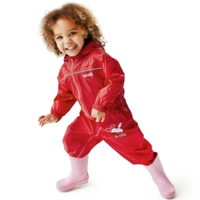 Image of Regatta kids Puddle IV suit all in one waterproof For Breathable and rain proof hooded outdoor warm Puddlesuit reflective trim taped Seams playsuit Boys Girls